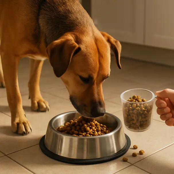 Adult dog eating from a measured bowl on a kitchen floor with owner holding a measuring cup