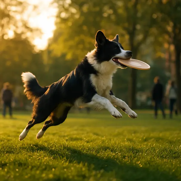 Border collie jumping to catch a frisbee in a sunlit city park during golden hour