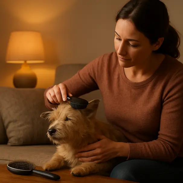 Pet carer brushing a small terrier on a couch in a warm, homey living room