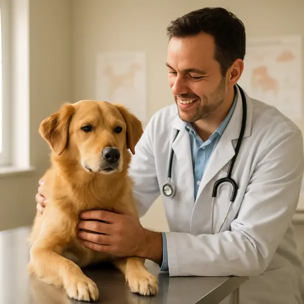 Veterinarian gently examining a calm golden retriever mix on an exam table in a bright clinic