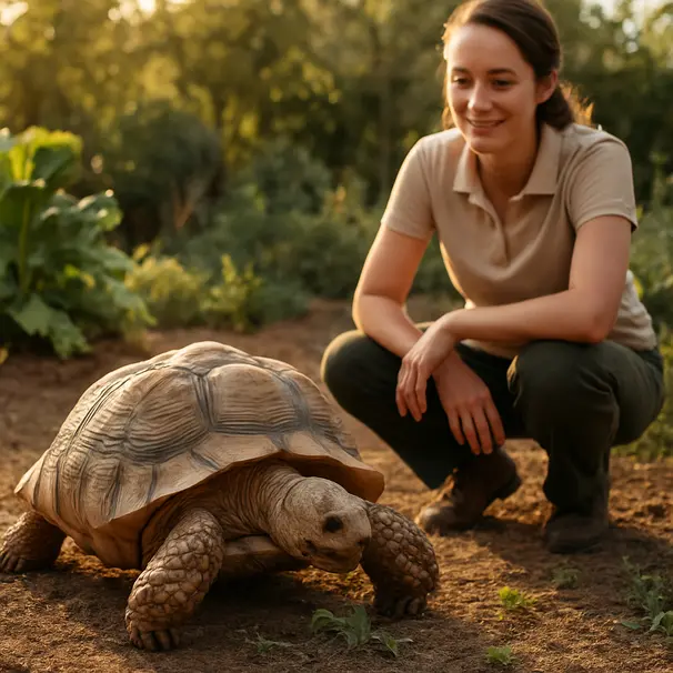 Landschildkröte auf einer sicheren, begrünten Gartenfläche, Tierbetreuer beobachtet aus der Nähe, sonniger Nachmittag.
