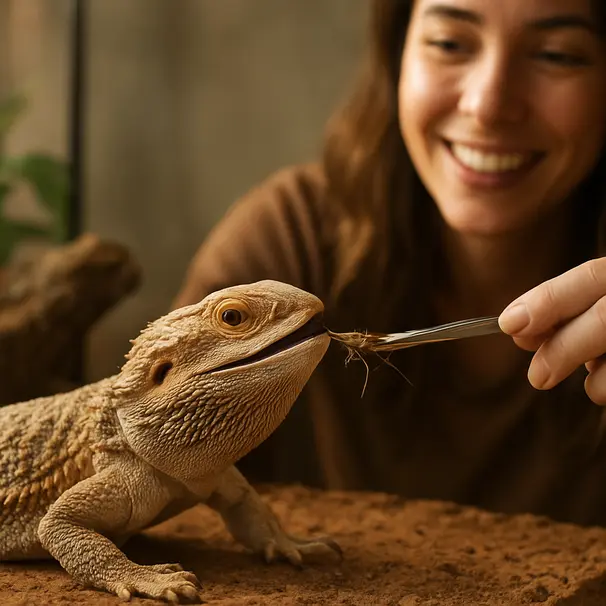 Bartagame in Indoor-Terrarium wird mit Pinzette gefüttert, Besitzer zeigt Hand, natürliche Tageslichtstimmung.