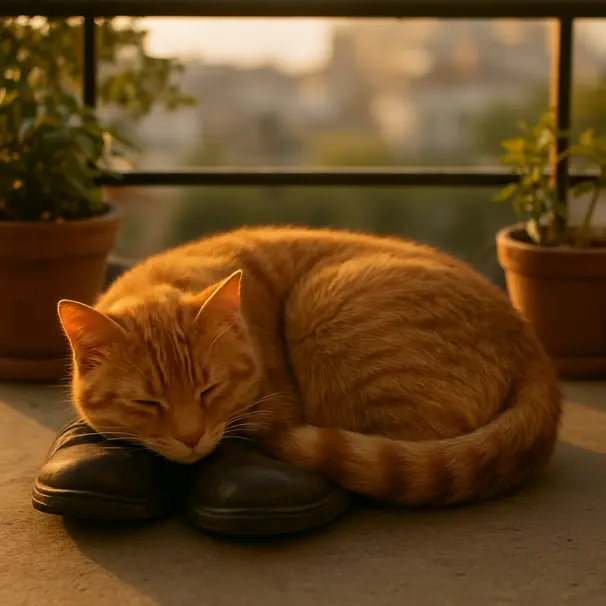 Ginger cat curled on shoes on a balcony during golden hour, plants and city view blurred in background