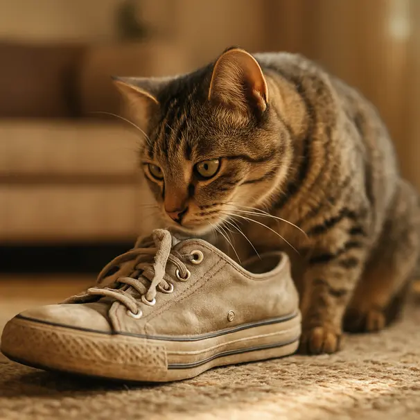 Tabby cat sitting on a living room rug sniffing a worn sneaker beside a sofa, afternoon sunlight illuminating the scene