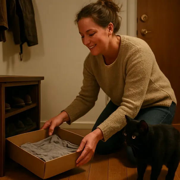 Pet carer setting a small box lined with a worn T-shirt on the floor while a black shorthair cat approaches near a shoe rack