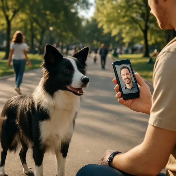 Border collie outdoors in a park responding to a phone showing an owner's face, held by a pet carer