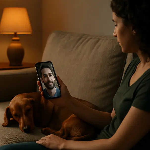 Dachshund curled on a couch during an evening video call, smartphone showing owner's face, warm lamp-lit room