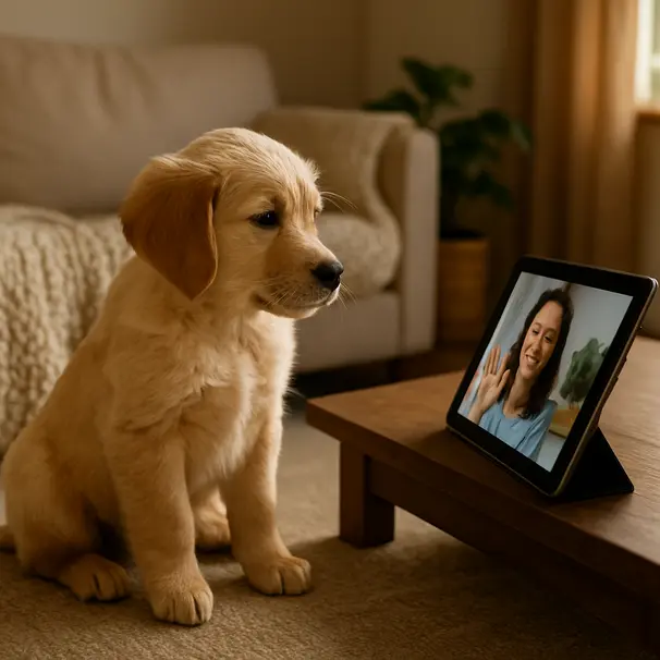 Golden retriever puppy indoors watching a tablet on a coffee table showing a person waving, cozy living room setting