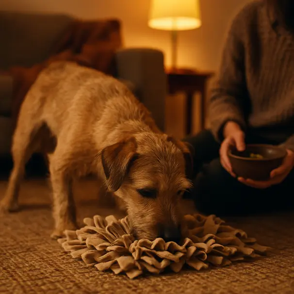 Terrier using a snuffle mat on a rug while a carer watches, showing enrichment during an indoor visit.