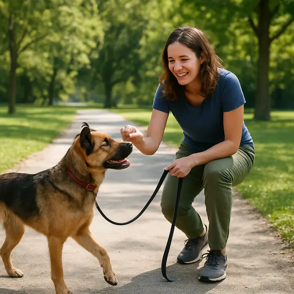 Dog walker using distance and treats with a shepherd-mix on a park path to manage reactivity.