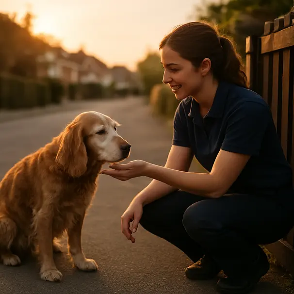 Pet carer crouched at a gate offering a greeting to an older spaniel in the early evening, building trust.