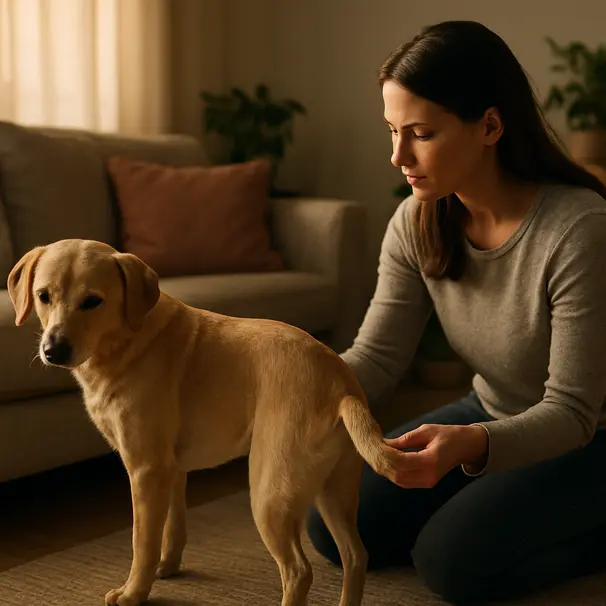 Pet carer kneeling indoors watching a Labrador-mix dog’s tail and relaxed posture during a calm home visit.
