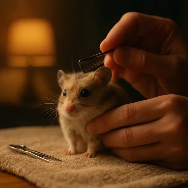 Ein Hamster wird abends behutsam gepflegt auf einem weichen Handtuch, mit warmer Beleuchtung und ruhiger Stimmung.