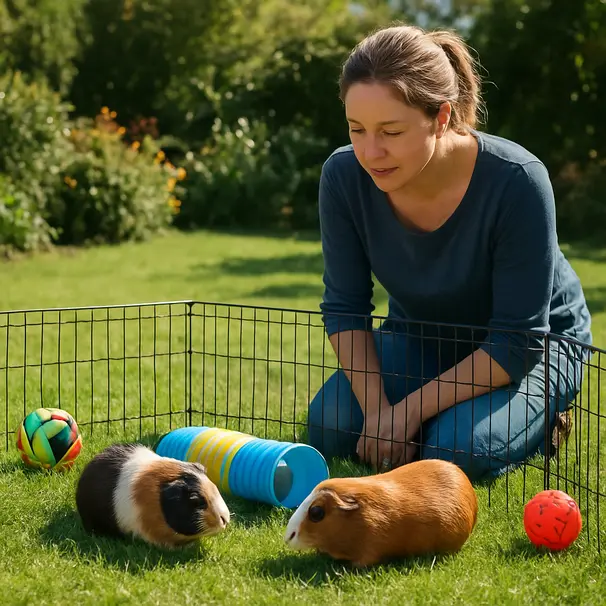 Zwei Meerschweinchen beim überwachten Auslauf auf einer grünen Wiese, mit einer fürsorglichen Person in der Nähe.