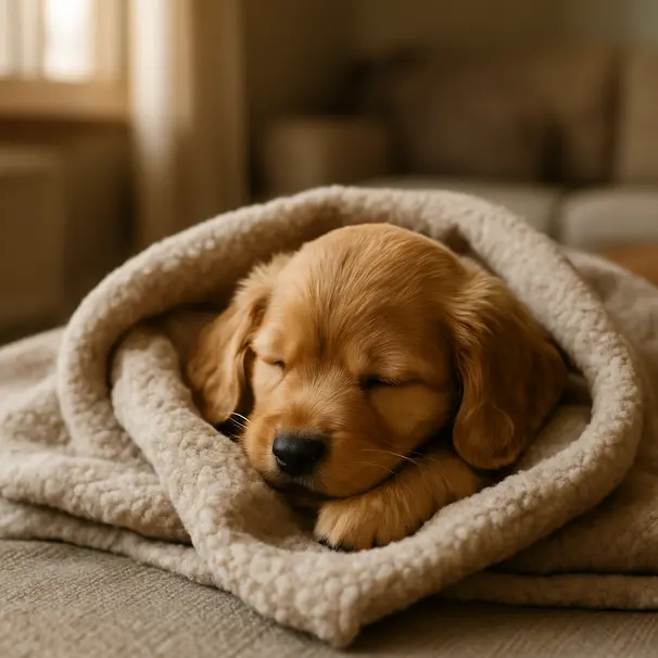 Newborn golden-brown puppy sleeping on a soft blanket in a sunlit living room, close-up of fur and peaceful expression