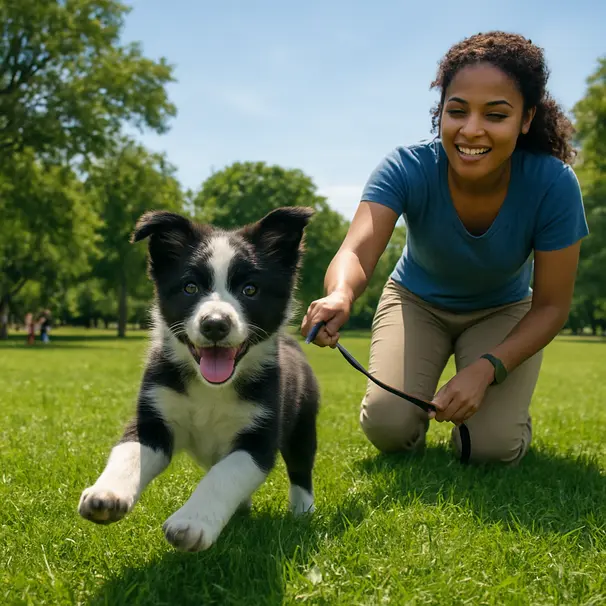 Border collie puppy playing with a pet carer in a green park, running and looking excited, midday sunlight