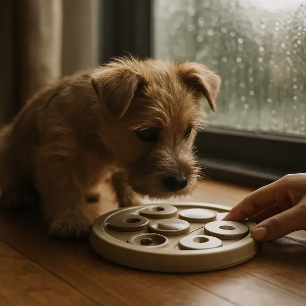 Terrier puppy solving a puzzle feeder inside during a rainy afternoon, focused expression with raindrops visible on the window