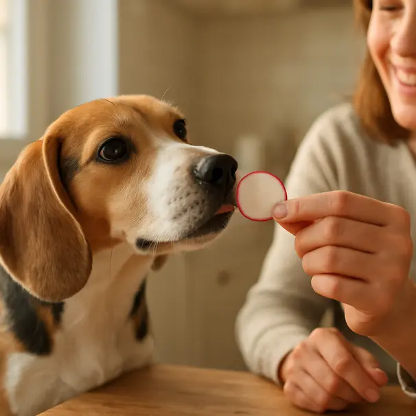 A beagle in a bright kitchen sniffing a thin slice of red radish held by a person, morning light and wooden counter visible