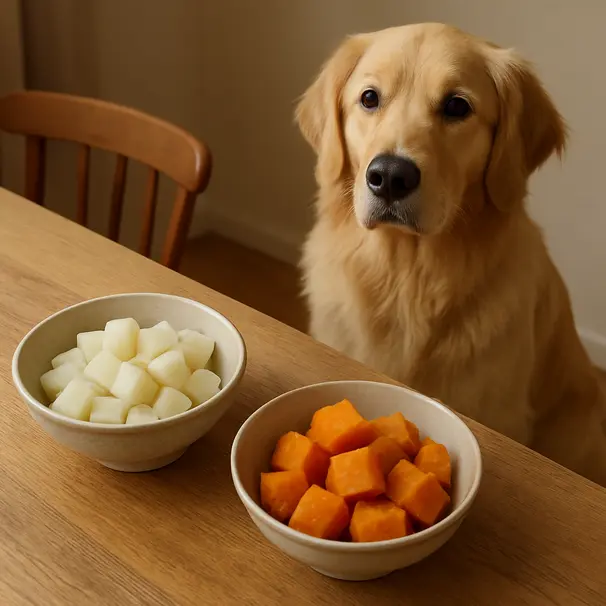 A golden retriever sitting near a home dining table with a bowl of steamed radish cubes and cooked sweet potato, soft indoor lighting