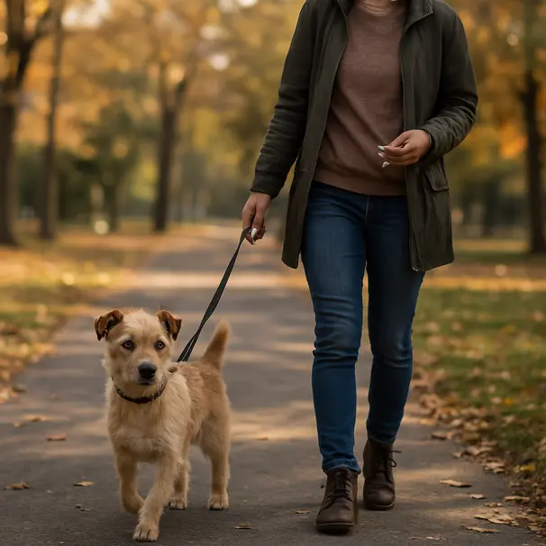 A small terrier on a leash walking in a park with a pet carer carrying a container of sliced vegetables in late-afternoon light