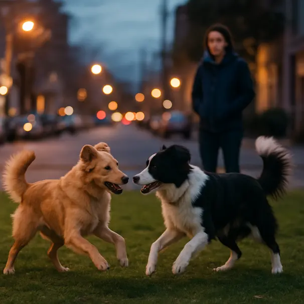 To hunder leker trygt sammen på en gressflekk i bymiljø ved skumring, med en hundepasser som ser på.