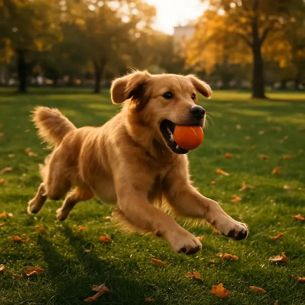 En golden retriever hopper for å fange en ball i en solfylt park under gulltime, grønt gress og trær.