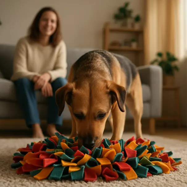 En liten blandingsrase snuser i en snuffle-matte på teppe i en koselig stue mens eieren smiler.