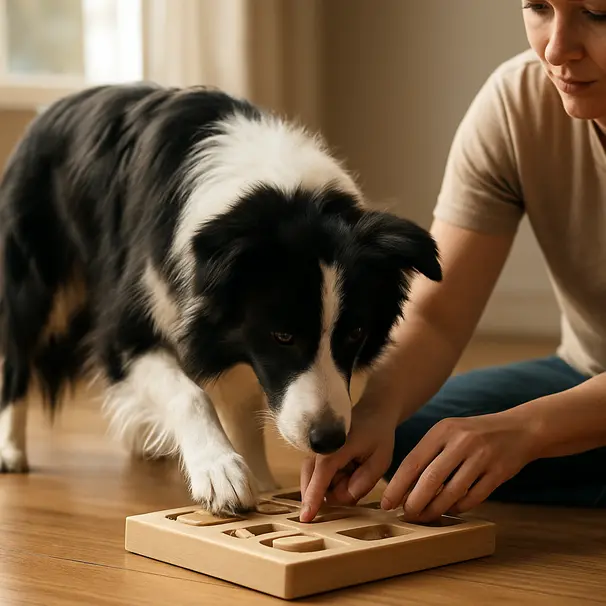 Border collie jobber med et interaktivt foringspuslespill mens en omsorgsperson holder en godbit.