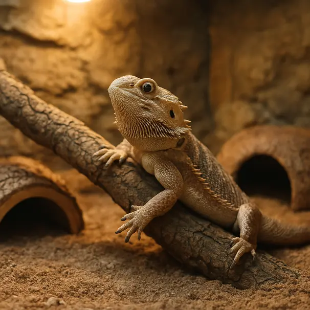 Bearded dragon climbing on a cork branch inside a terrarium with hides and textured substrate, exploring enrichment items.