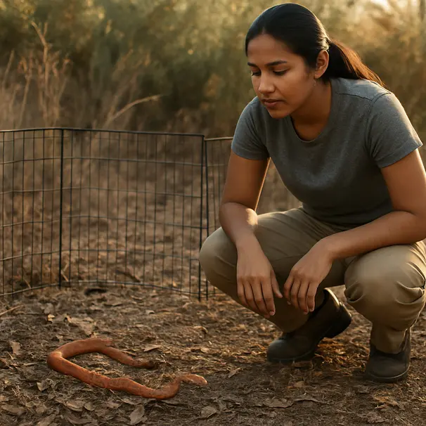 Pet carer supervising a corn snake or small lizard exploring leaf litter outdoors in a small fenced area during late afternoon.