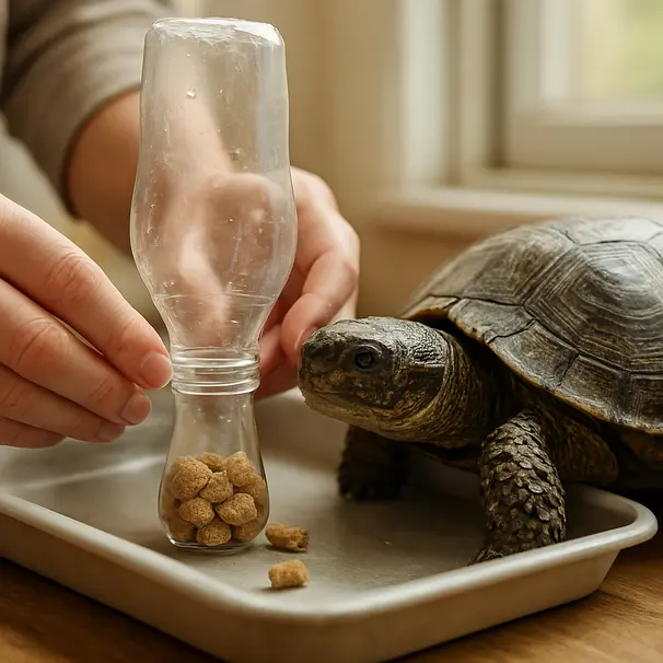 Lizard or turtle investigating a DIY foraging bottle feeder in a shallow tray with a pet carer's hand nearby, daylight indoor setting.