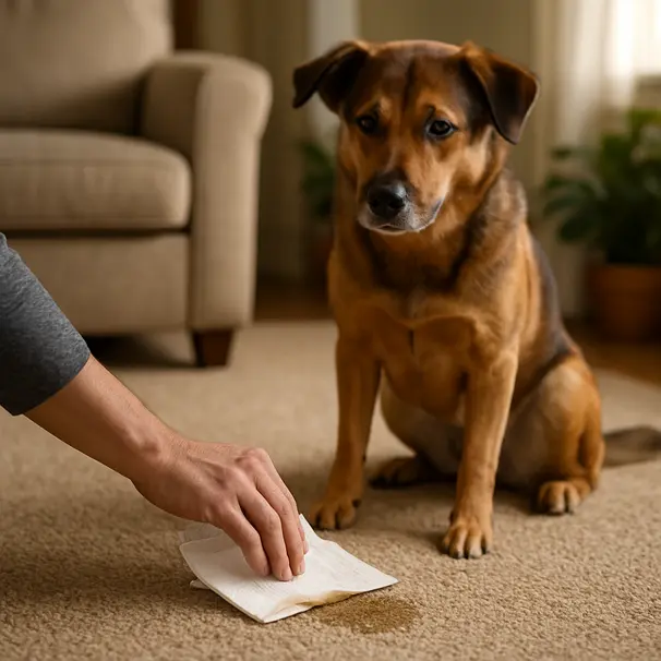 Person blotting fresh dog urine on a beige carpet while a medium mixed-breed dog watches in a sunlit living room