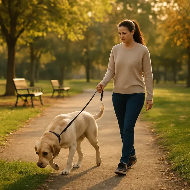 Pet carer walking a Labrador in a city park at golden hour as the dog sniffs grass