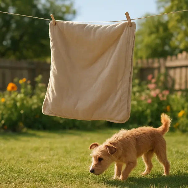 Removable dog bed cover hanging on a clothesline in a sunny backyard while a small terrier sniffs around