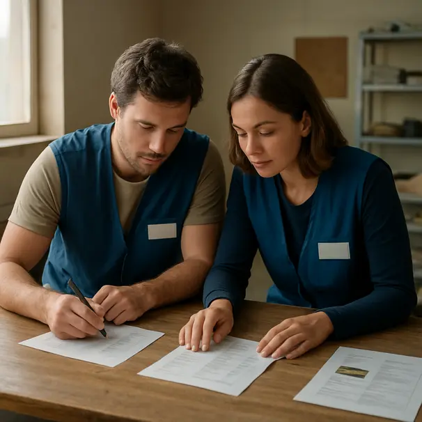Two shelter volunteers reviewing dog name tags and profiles indoors with resting dogs in the background