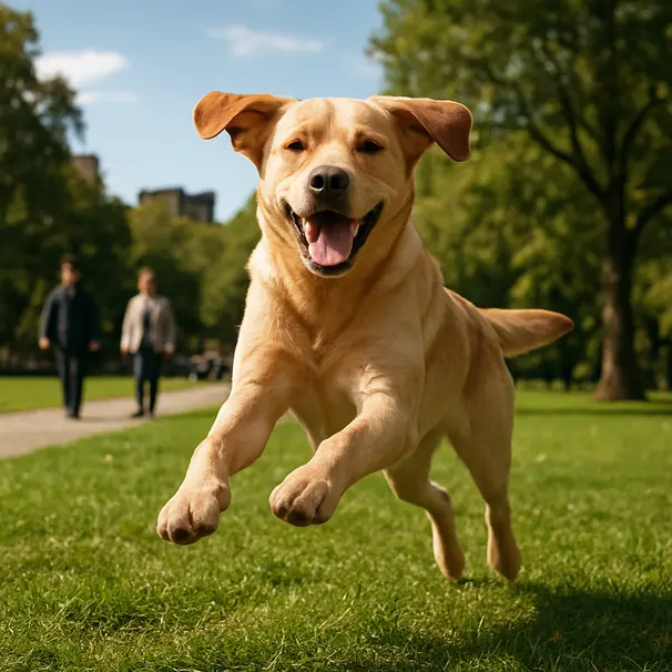 Golden Labrador running through a park on a sunny afternoon, mid-jump with greenery and path in the background