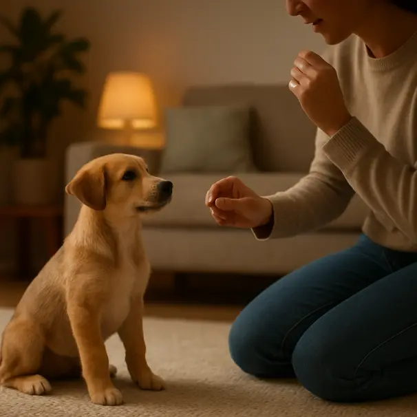Owner training a puppy indoors using treats and calling the puppy's new name on a living room rug