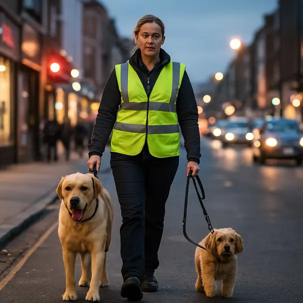 Dog carer walking a large and a small dog along a UK street at dusk with city lights