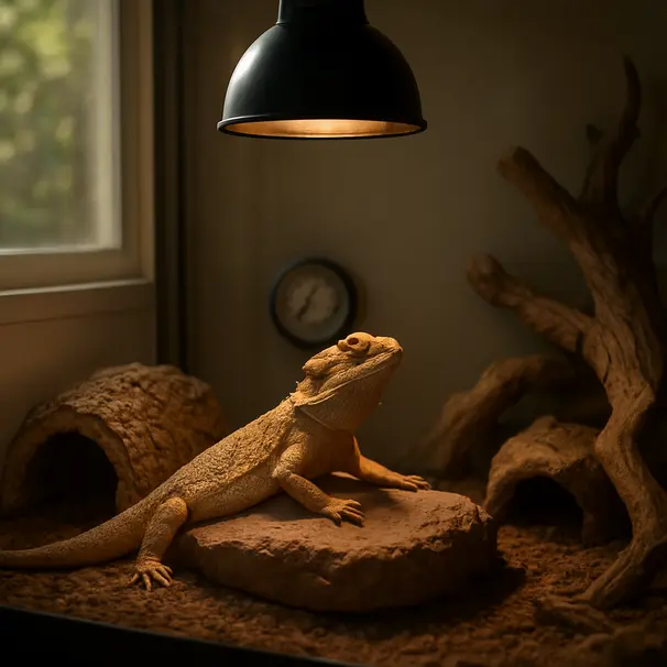Terrarium neben Fenster, Bartagame sonnt sich auf Felsen, UV-Lampe sichtbar, Hygrometer und Korkverstecke