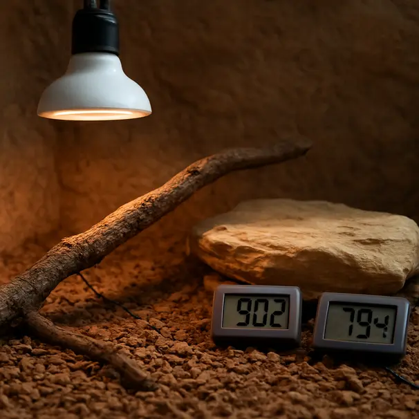 Nahaufnahme eines Terrariums mit Heizstrahler, digitalem Thermometer und Klettermöglichkeit, Temperaturgradient sichtbar