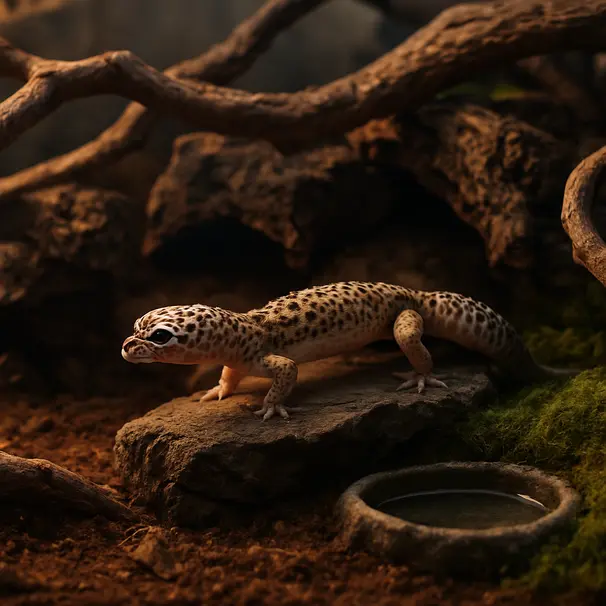 Naturnah eingerichtetes Terrarium mit Ästen, Korkverstecken und feuchter Ecke, Leopardgecko erkundet einen Felsen