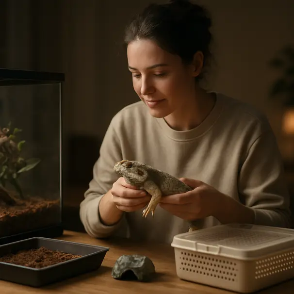 Pet carer reinigt Terrarium, Reptil in Transportbox, gereinigte Dekorationen und Substrat auf Tisch