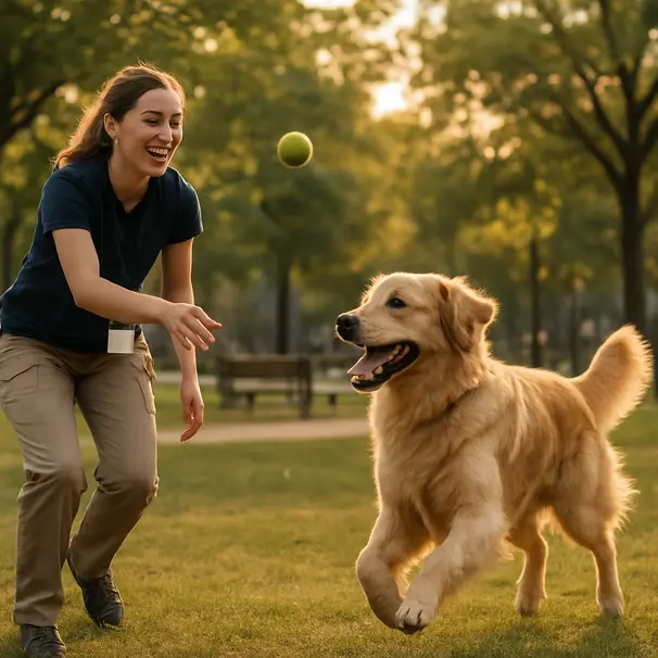Pet carer tossing a ball to a golden retriever in a sunlit park, dog mid-run and joyful, benches and trees visible