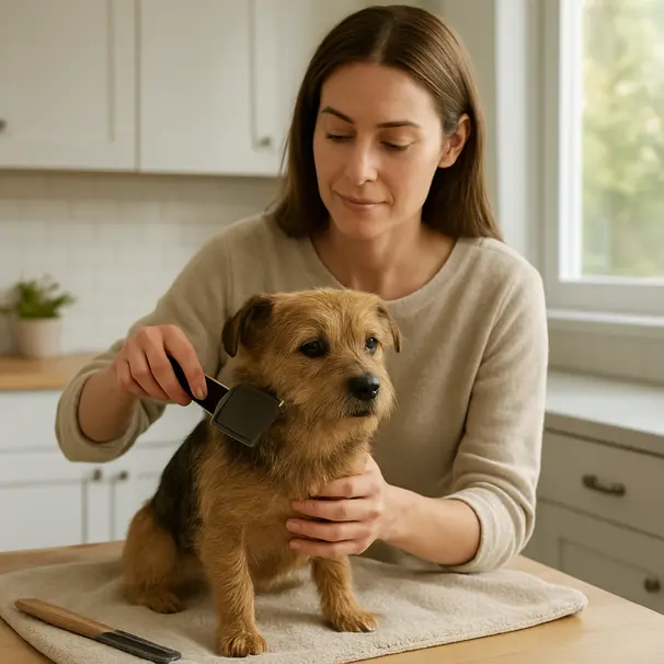 Pet carer brushing a small terrier on a towel in a bright kitchen, natural daylight, calm interaction and visible grooming tools