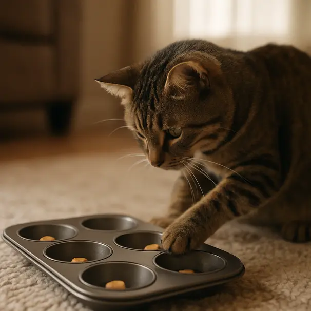 Tabby cat interacting with a homemade muffin tin puzzle on a living room rug, morning light, focused on paws and treats