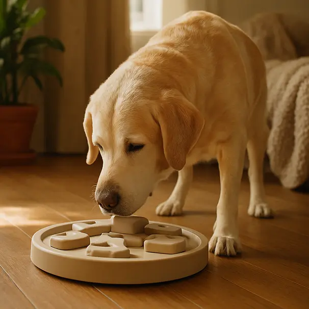 Senior Labrador using a puzzle feeder indoors on a hardwood floor with sunlight through a window, calm home setting