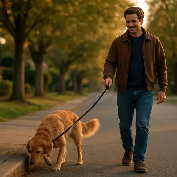 Small golden dog walking with owner on a tree-lined suburban street in the morning, dog sniffing the ground and owner holding a leash