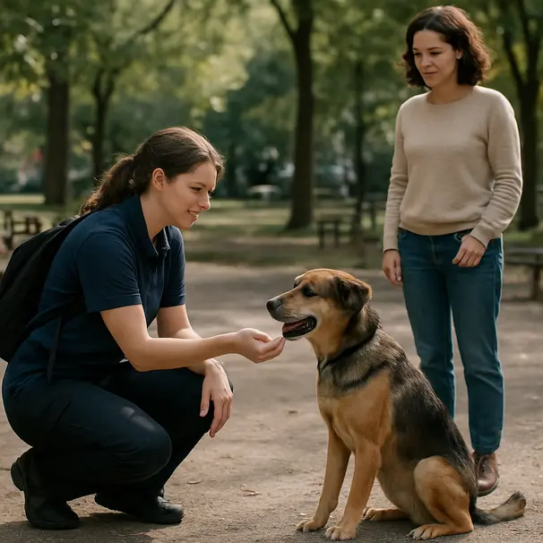 Pet carer kneeling to meet a medium mixed-breed dog in an urban park while the owner watches, carer offering a treat