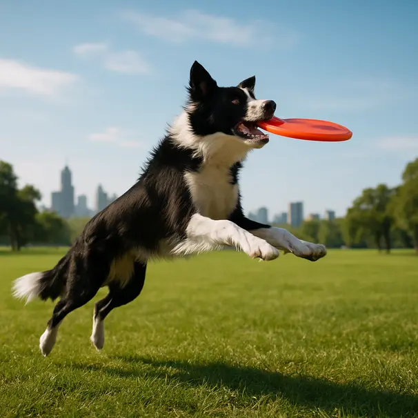 Border collie jumping to catch a frisbee at a sunny park with a city skyline in the distance, mid-action and joyful