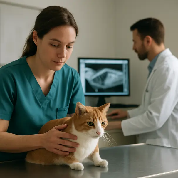 Veterinary nurse examining orange-and-white cat on exam table while vet reviews X-rays in a bright clinic